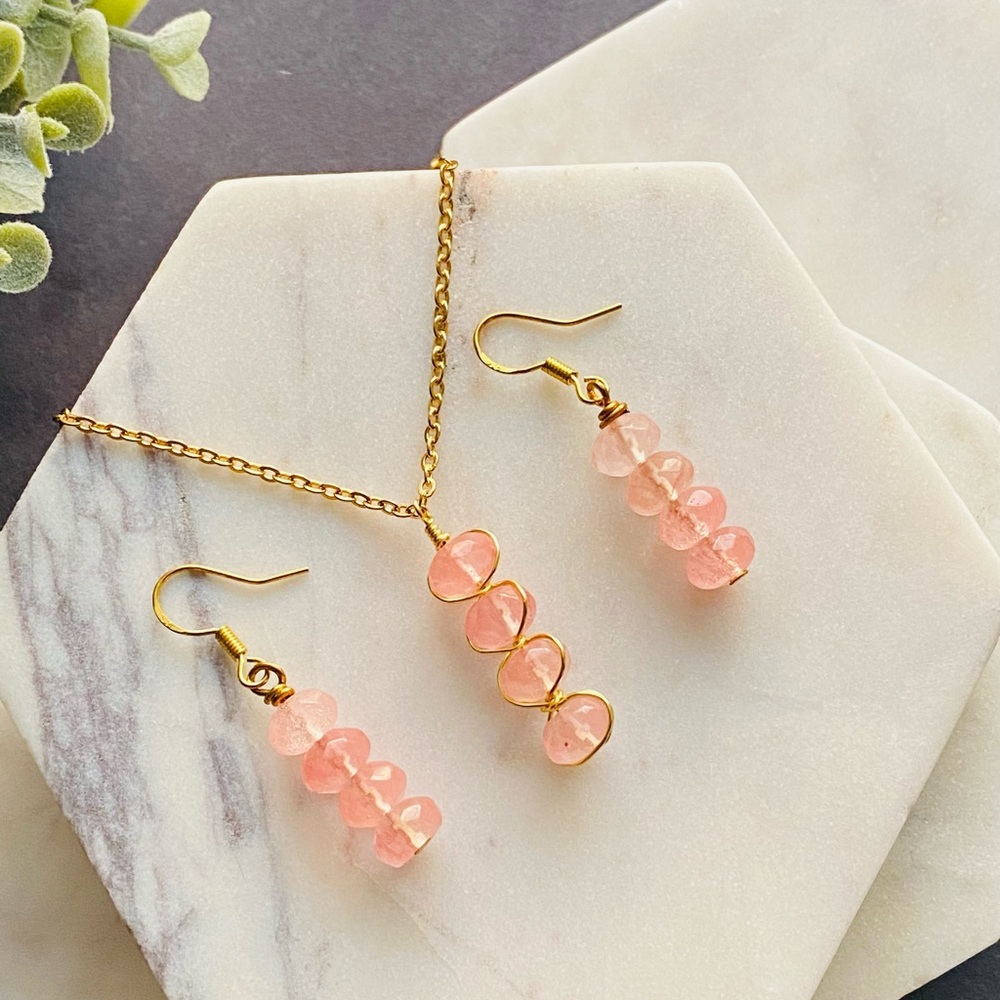 Cherry Quartz Jewelry set Pendant Necklace Dangle Earrings crystal jewelry - Picture 1 of 9